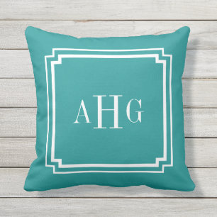 Coussin D'extérieur Monogramme personnalisé turquoise et blanc