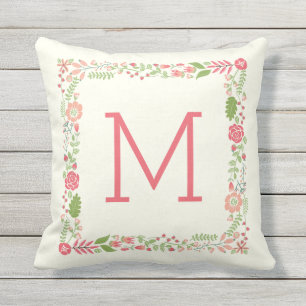 Coussin D'extérieur Monogramme printemps floral frontière corail moder