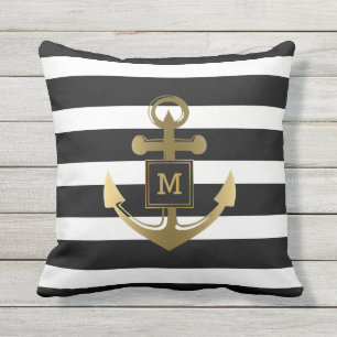 Coussin D'extérieur Monogramme rayé d'Ancre nautique noire et blanche
