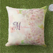 Coussin D'extérieur Monogramme rose romantique d'hortensia et de (Herbe)