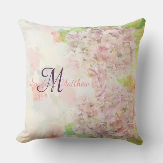 Coussin D'extérieur Monogramme rose romantique d'hortensia et de (Recto)