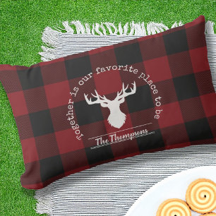 Coussin D'extérieur Motif carreau rouge et noir buffalo avec nom de fa