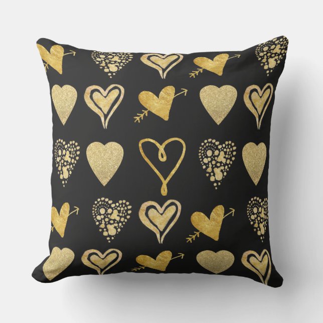 Coussin D'extérieur motif de coeur d'or sur noir (Recto)