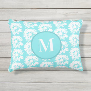 Coussin D'extérieur Motif floral d'été aqua et blanc