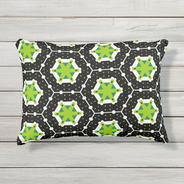 Coussin D'extérieur Motif géométrique noir blanc et vert citron (Devant)