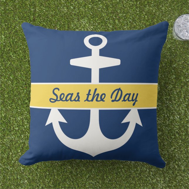 Coussin D'extérieur Nautical Navy Blue and Yellow Custom Boat Name (Herbe)