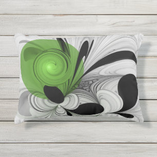 Coussin D'extérieur Noir Abstrait et blanc avec art fractal vert