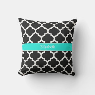 Coussin D'extérieur Noir Blanc Marocain #5 Brt Nom Aqua Monogramme