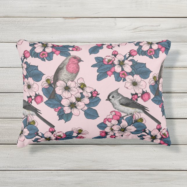 Coussin D'extérieur Oiseaux et fleurs roses (Devant)