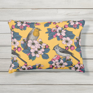 Coussin D'extérieur Oiseaux et fleurs sur le jaune