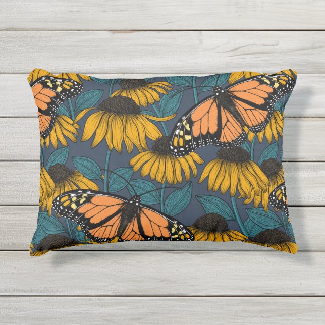 Coussin D'extérieur Papillon monarque sur confluents jaunes (Devant)