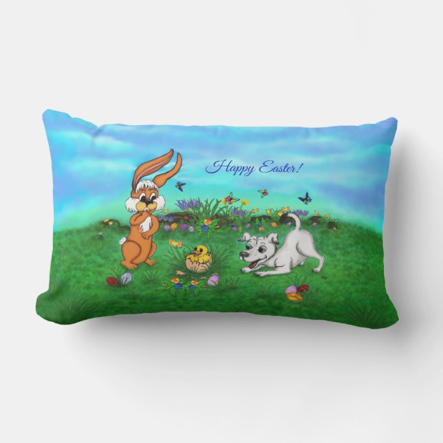 Coussin D'extérieur Pâques - Chiot Capo Rabbit et Chick (Recto)