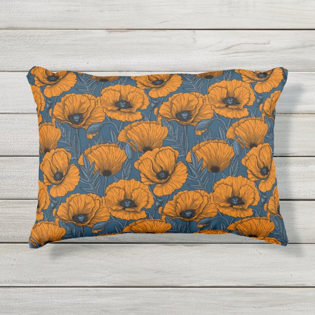 Coussin D'extérieur Pavot orange sur bleu foncé (Devant)