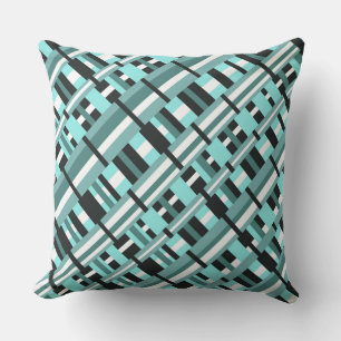 Coussin D'extérieur Plaid en Aqua, Turquoise, noir & blanc