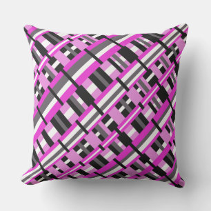 Coussin D'extérieur Plaid en diagonale rose, noir et gris