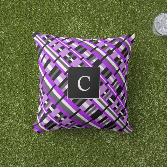 Coussin D'extérieur Plaid en Monogramme diagonale violet, noir et gris (Herbe)