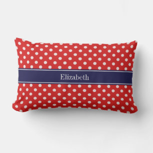 Coussin D'extérieur Points rouges blancs Ruban bleu marine Monogramme
