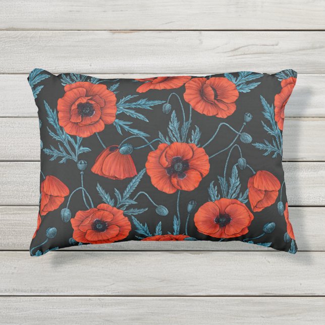 Coussin D'extérieur Poppies, rouge et bleu sur noir (Devant)