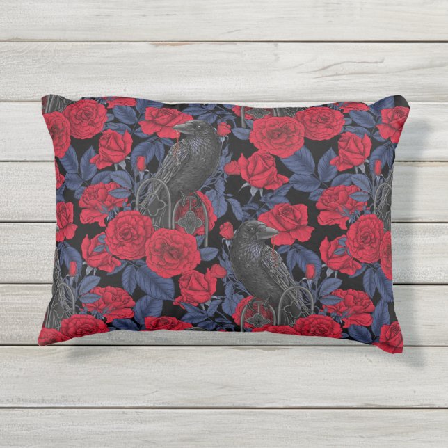 Coussin D'extérieur Ravages et roses avec des feuilles bleu foncé (Dos)
