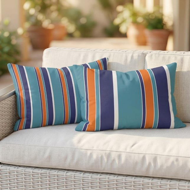 Coussin D'extérieur Rayure réversible bleu sarcelle vert orange blanc (Créateur téléchargé)