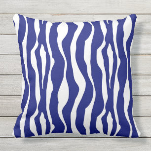 Coussin D'extérieur Rayures de zèbre - bleu et blanc de cobalt profon