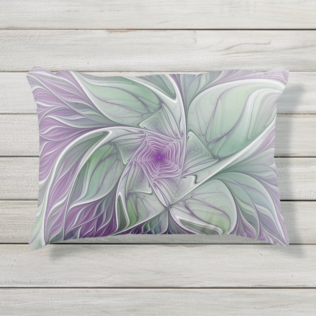 Coussin D'extérieur Rêve de fleurs, Abstrait violet vert Fractal Art (Devant)