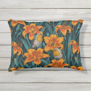 Coussin D'extérieur Robins et fleurs de lys, orange et bleu