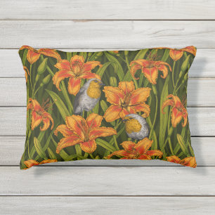 Coussin D'extérieur Robins et fleurs de lys, orange et vert foncé