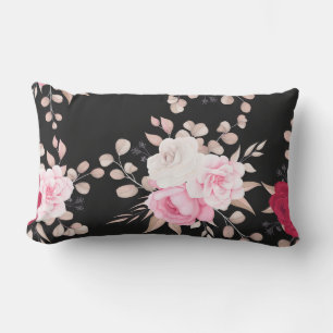 Coussin D'extérieur rose,blanc floral fond noir