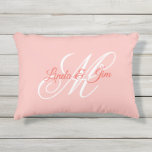 Coussin D'extérieur Rose Corail Fantaisie Monogramme de Mariage<br><div class="desc">Un design rose corail clair, corail foncé et blanc avec le monogramme d'un couple dans un script calligraphique fantaisie. Vous pouvez personnaliser les couleurs de ce design de typographie ou les styles de calligraphie élégants pour assortir votre mobilier de patio. Un cadeau de mariage coussin de décoration extérieur pour les...</div>