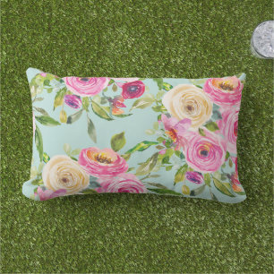 Coussin D'extérieur Roses d'aquarelle en rose et crème sur jaune