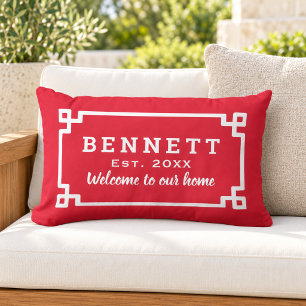 Coussin D'extérieur Rouge clé grecque monogramme Bienvenue