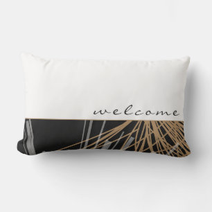 Coussin D'extérieur Rubans Abstraits Black Gold et White   Bienvenue