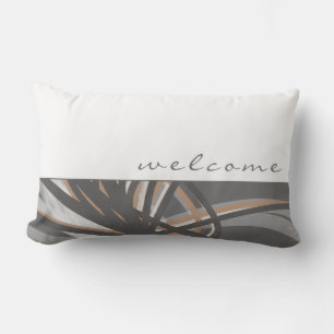 Coussin D'extérieur Rubans Abstraits Gris et Taupe   Blanc   Bienvenue