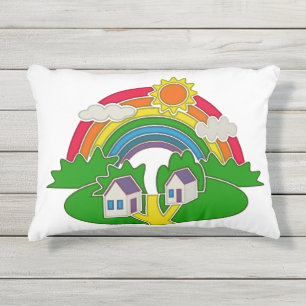 Coussin D'extérieur Scène rurale avec arc-en-ciel et maison de campagn