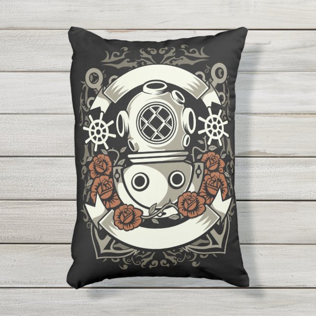 Coussin D'extérieur Steampunk Victorian Deep Sea Diver Roses rouges (Devant (Vertical))
