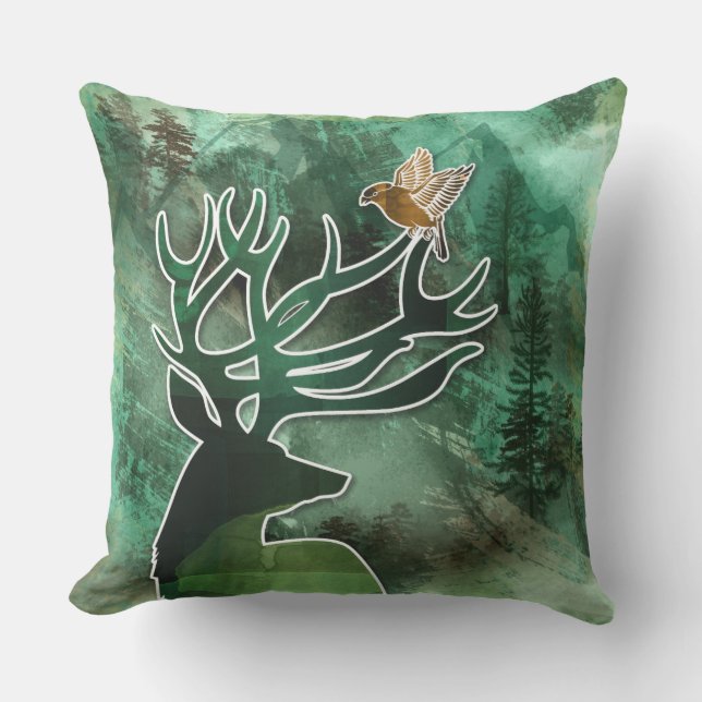 Coussin D'extérieur TCWC - cerfs communs et oiseaux de vert (Recto)
