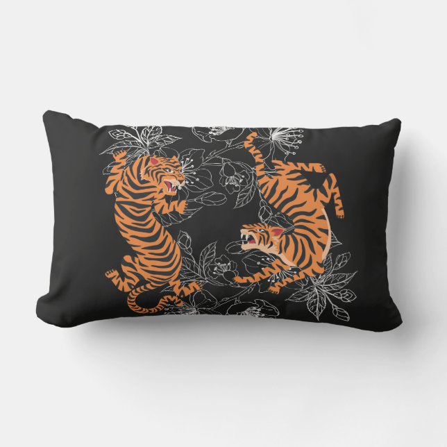 Coussin D'extérieur Tigers japonais style Art Arrière - plan noir (Recto)