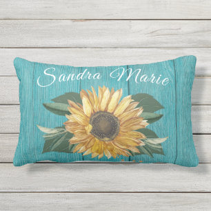 Coussin D'extérieur Tournesol jaune doré rustique Bois Turquoise   nom