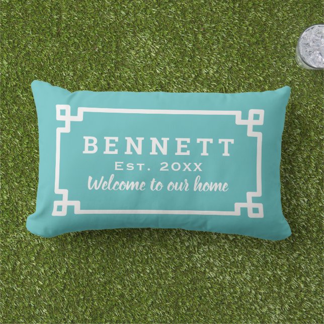 Coussin D'extérieur Turquoise Blue Grec Key Personnalisé Monogramme Bi (Herbe)