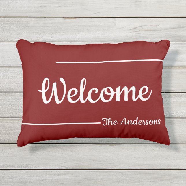 Coussin D'extérieur Welcome Dark Red White Nom du script Modèle texte (Devant)