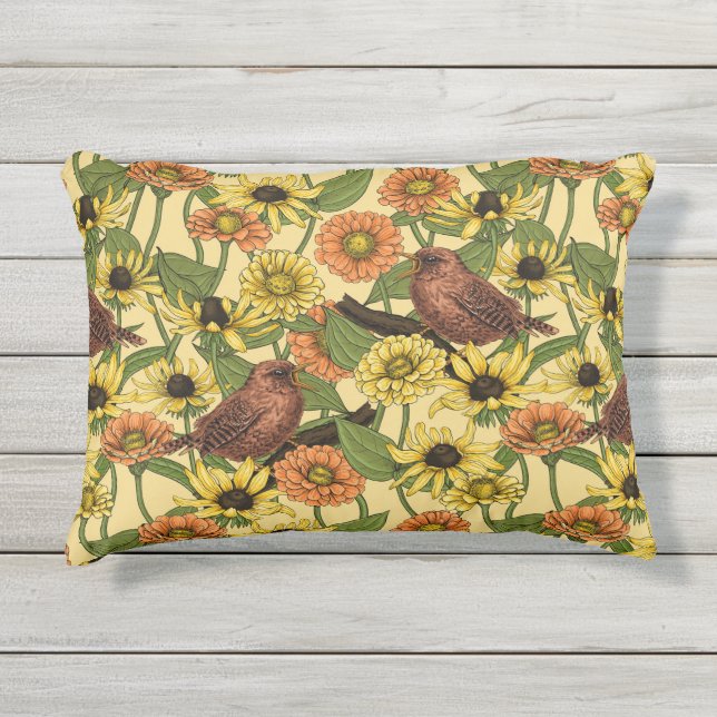 Coussin D'extérieur Wens et fleurs sur jaune pâle (Devant)