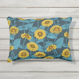Coussin D'extérieur Zinnias jaune sur bleu foncé