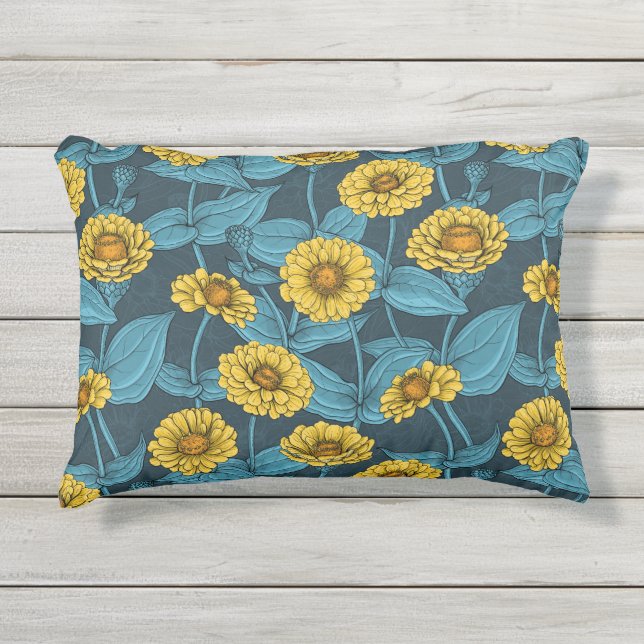 Coussin D'extérieur Zinnias jaune sur bleu foncé (Devant)