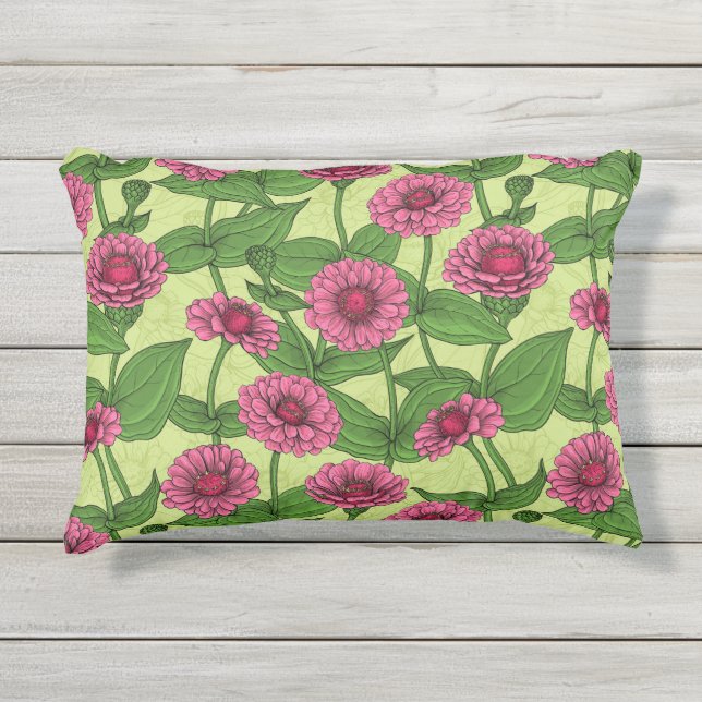 Coussin D'extérieur Zinnias rose sur vert clair (Devant)