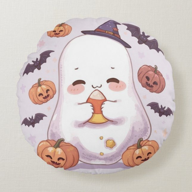 Coussin d'Halloween Fantôme rond - Décor Éffrayant (Devant)