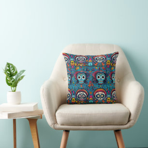 Coussin Dia de Muertos, motif de crânes de sucre bleu