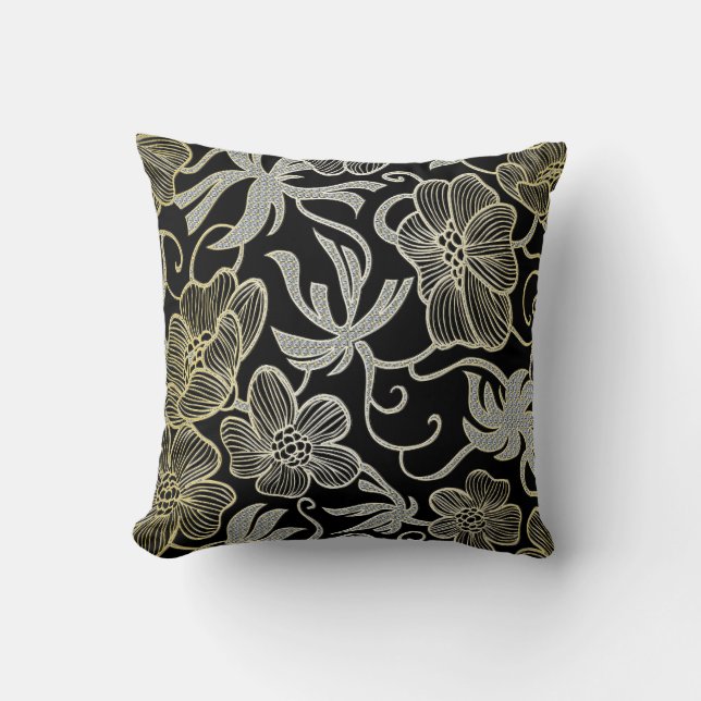 Coussin Diamant Noir Et Or Floral Damask Design (Recto)