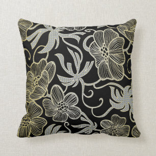Coussin Diamant Noir Et Or Floral Damask Design