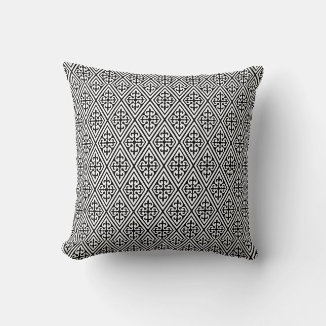 Coussin Diamants Damas médiévaux, noir et blanc (Recto)